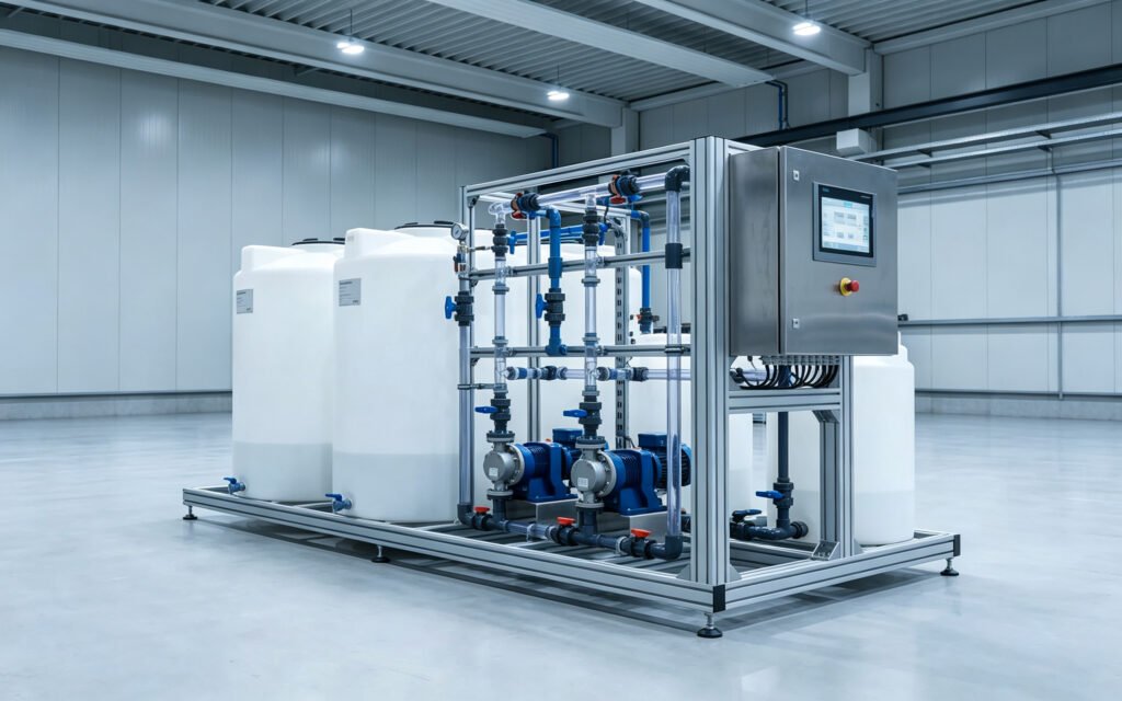 Industrial chemical processing skid with tanks, piping and fluid transfer equipment