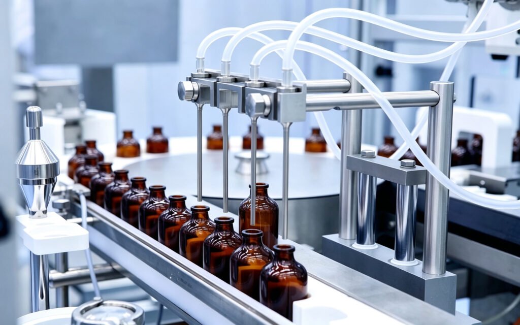 Precision liquid filling and dosing machine with multiple nozzles and amber bottles