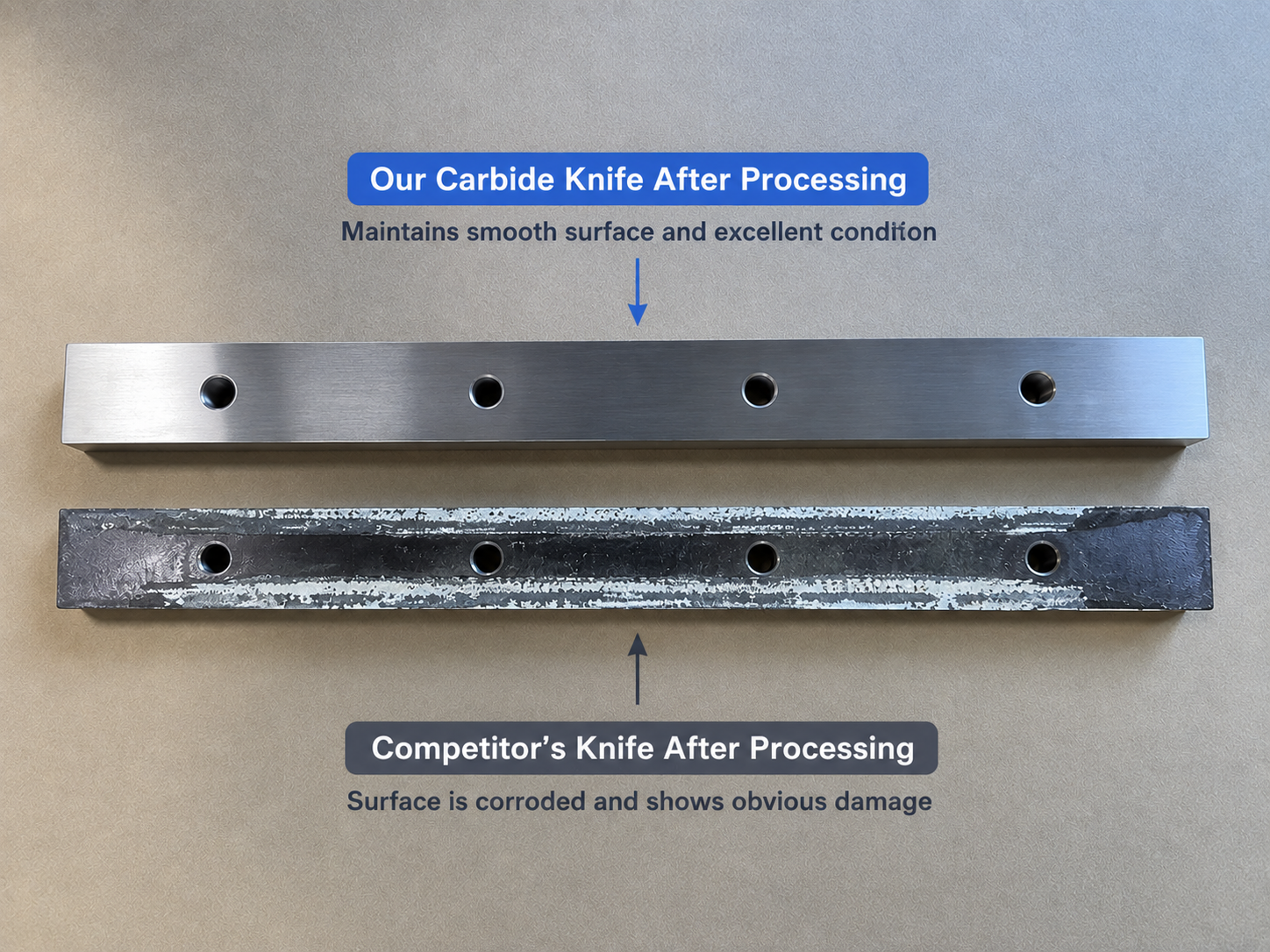 Customer case comparison showing SZ SUNLIT carbide bedknife and previous carbide knife after processing